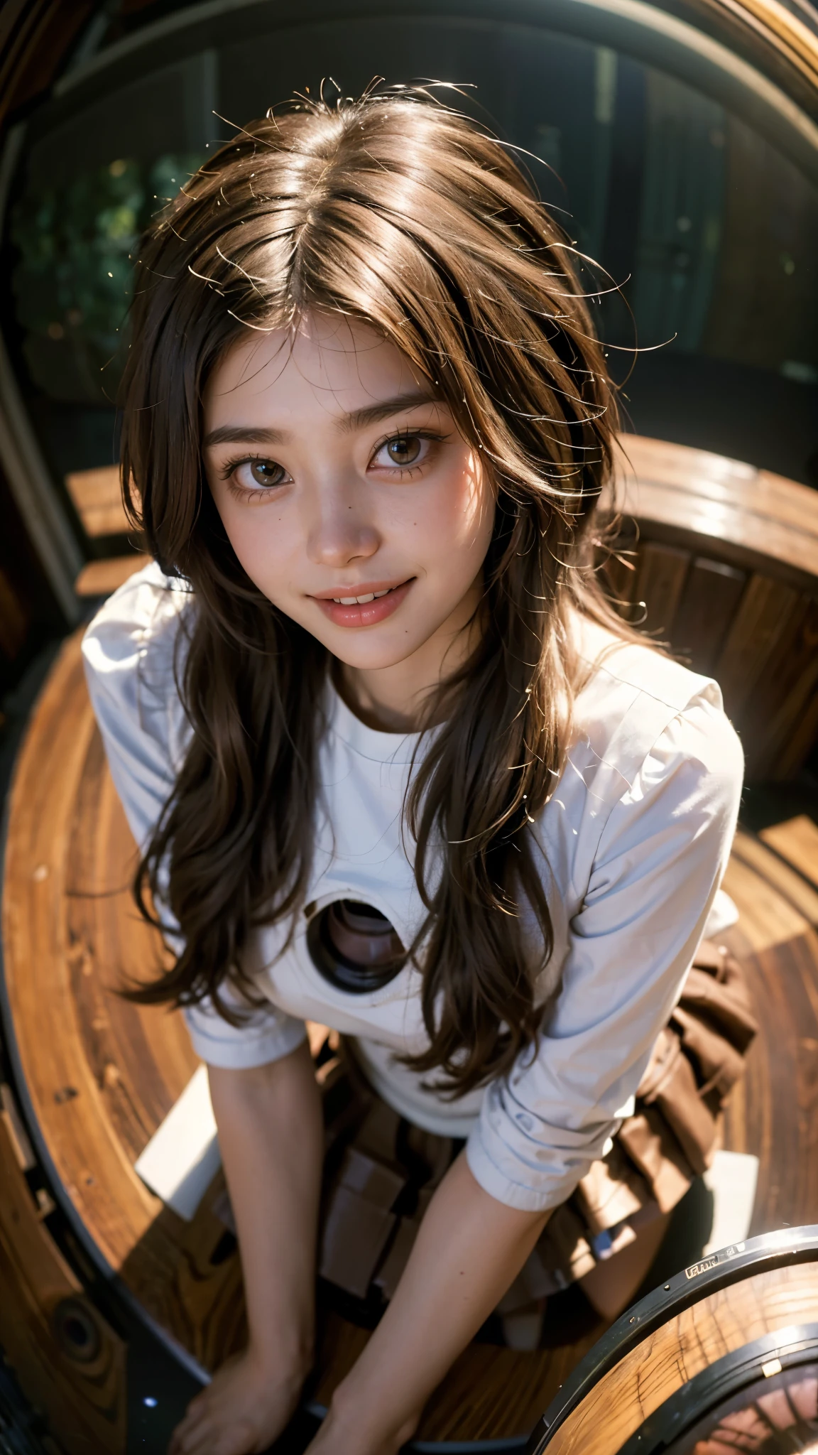 Highest quality, masterpiece, Ultra-high resolution,8K, (Realistic:1.6), (All fours portrait:1.4) RAW Photos, ((Brown-toned miniskirt fashion)),((Up Facial)),girl,(Full of smiles, Showing teeth)), 22 years old,((Random Hairstyles)),((Looking up at the audience)),Face Focus:1.4,((Shooting from above with a fisheye lens:1.4)),