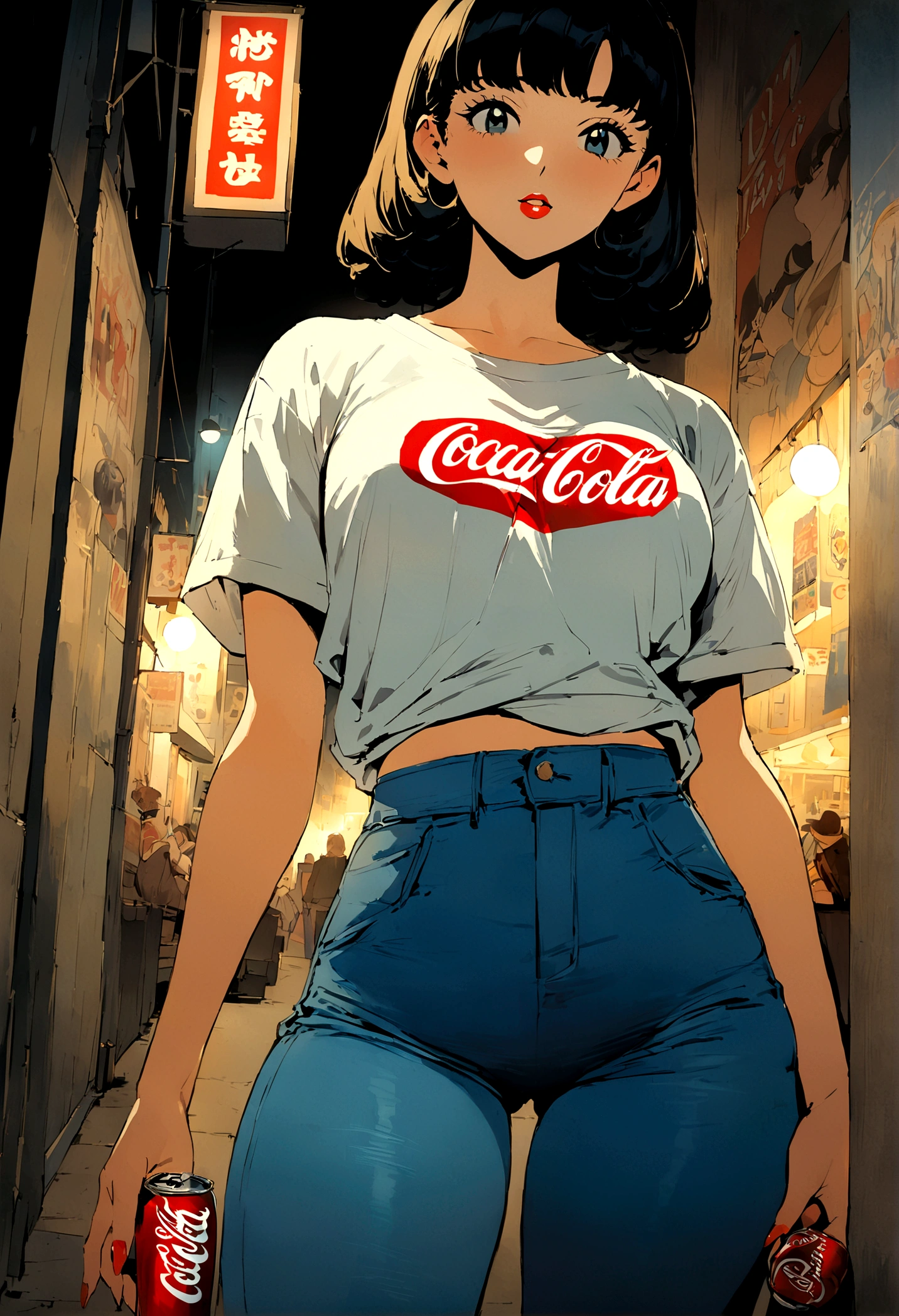 (vintage),(Retro),(Cartel), coca cola advertising with perfect girl, clothing oversized blue jeans and white t-shirt with open waist(sexy), military environment, Masterpiece, comics(tokyo city) (1990) night atmosphere, with city lighting, 3 meters from the camera