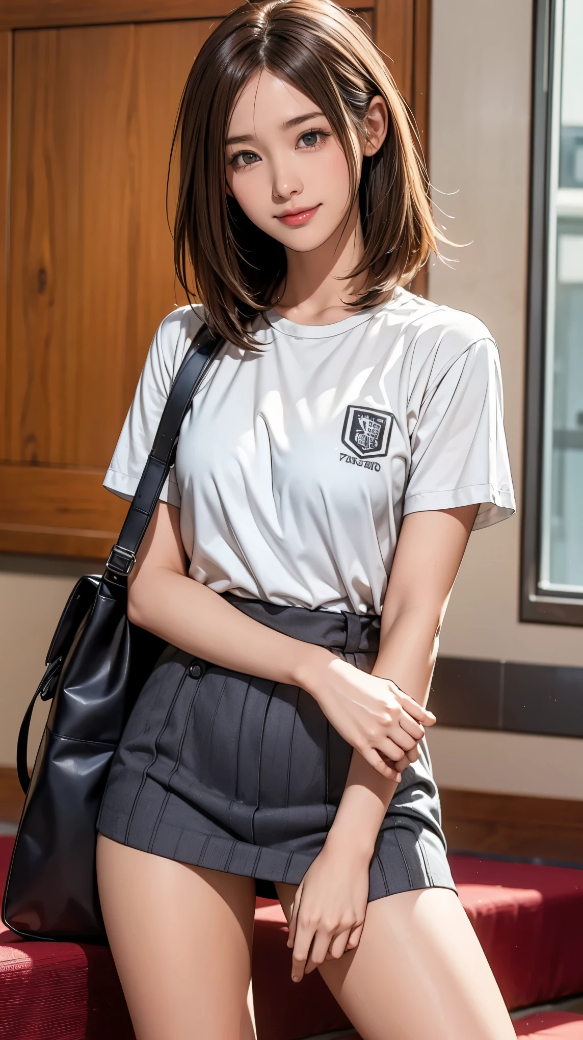 ((masterpiece)),(((Highest quality))),Thin thighs,Long legs,An 18-year-old high school girl standing on the school steps,White shirt,Blue and white plaid mini skirt:1.5,The best smile,Short bob with side waves:1.5,Carrying a black backpack,wear black loafers,Facing the front and spreading legs:1.5,