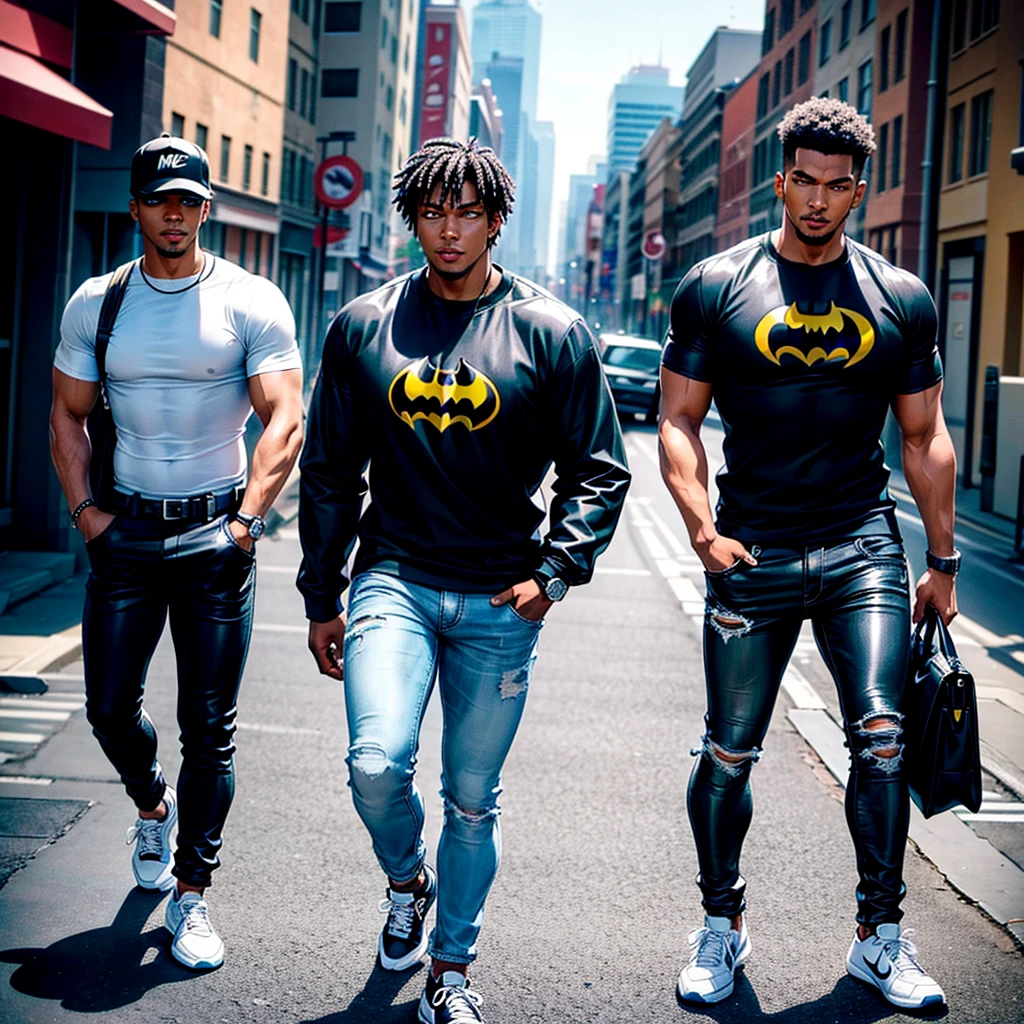 A 21 year old strong black man with black hair wearing a Batman shirt and jeans and Nike sneakers with a black leather men's vest on the left side