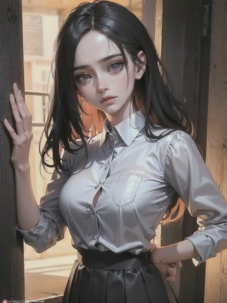 a long-haired girl in a black skirt and white shirt, tied up on a light pole, crying and frowning with embarrassment, her purple panties and ass showing, (best quality,4k,8k,highres,masterpiece:1.2),ultra-detailed,(realistic,photorealistic,photo-realistic:1.37),intricate details,cinematic lighting,dramatic lighting,dramatic shadows,dramatic pose,highly detailed face, beautiful detailed eyes,beautiful detailed lips,extremely detailed eyes and face,longeyelashes