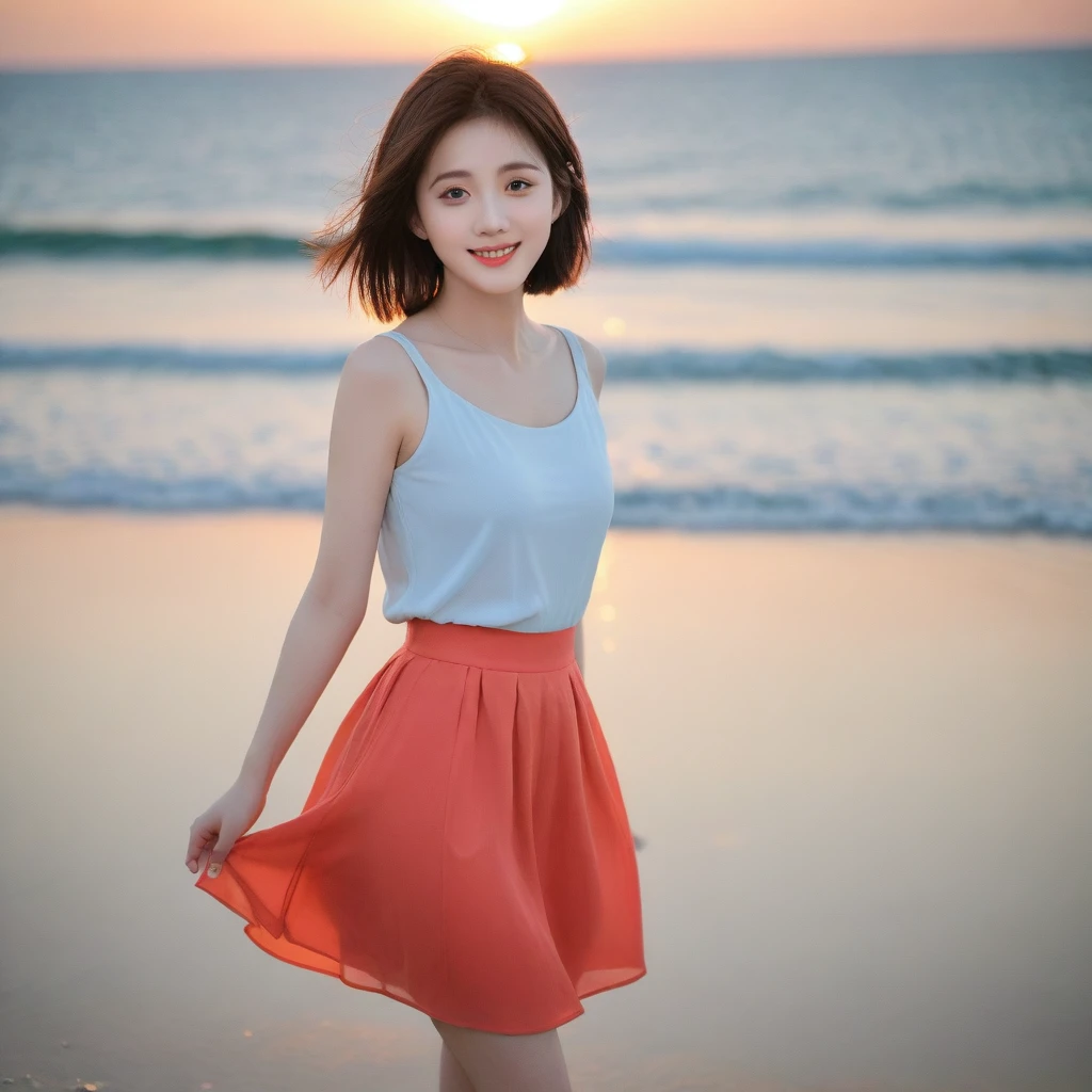 sunset on the beach,There is an afterglow on the sea, beautiful korean girl, short and slim. Chest size 34 inches, Wear sleeveless, light skirt, beach at sunset, red sun . beautiful pretty woman look , wearing a light skirt , Go far into the sea water and dip your toes., Short medium hair blowing in the wind, 1 woman, beautiful eyes, a little smile, Full body photo from a distance with a wide angle lens