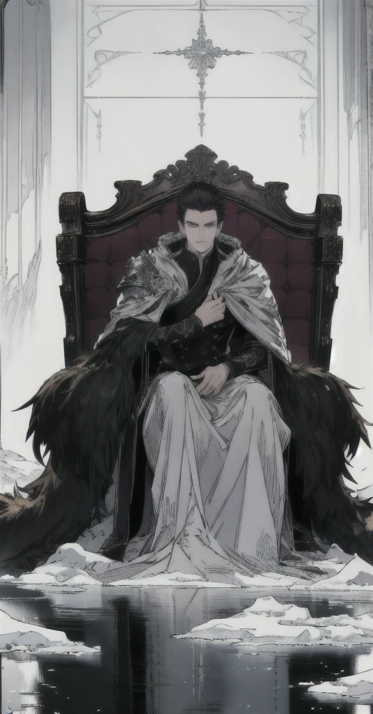((Masterpiece)),((best quality)),((Highly detailed)),((realistic,)) Very detailed), (Masterpiece), (best quality), (วอลล์เปเปอร์ 8k ที่มีรายVery detailed),Masterpiece,best quality,มีรายVery detailed,complicated,1 man,handsome faceสมบูรณ์แบบ,muscular man,detailed face,mischievous face,blue eyes,Open your eyes.,reflection of the eyes,Open your eyes., look at viewer,Manly,short hair|Black hair, black prince outfit,(Shining Crystal Throne),white throne, dynamic poses,Dramatic angle,movie light,surrounded by snow, Masterpiece,Very detailed,Sitting on a white ice throne, (white throne), white chair , Fantasy, Realistic photos, hyperrealism, Highly detailed, movie light, man wearing black armor,long black fur shawl,black veil,black veil,Face details, sharp details,black slender eyebrows,handsome face, short hairสีดำ, blue eyes,have muscles, handsome faceเหลา, Sit on the throne., white ice power, snow power, The surrounding white snow scene