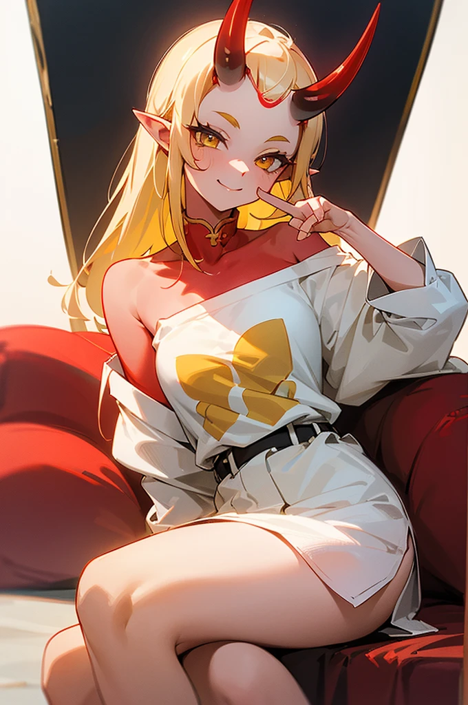 1girl, solo, (ibaraki_douji), blonde, yellow eyes, oni_horns, pointy ears, t-shirt, white shirt, (oversized shirt:1.2), bottomless, bare shoulder, off shoulder, flat chest, forehead, ((red_hands)), (peace_sign), arm behind back, straight hair, large smile, smug, upper body, sitting on floor with crossed_legs, (((masterpiece)))