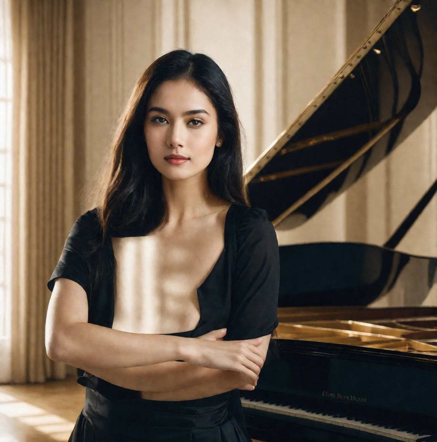 a woman standing in front of a grand piano in a room, black_skirt, cover photo portrait , RAW Photo, Best Quality), (Realistic, Photo Realistic: 1.3), Best Quality, Highly Detailed, Masterpiece, 1 Girl, upper_body, black_long_hair, Best Quality, golden hour light 