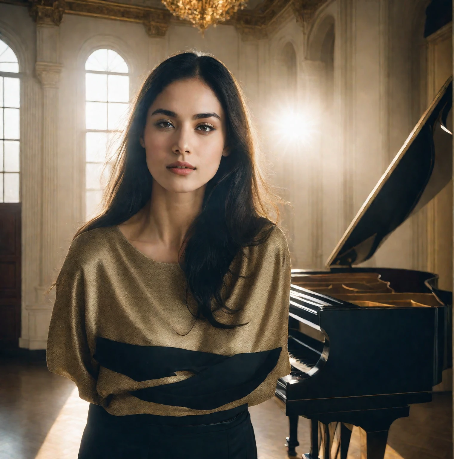 a woman standing in front of a grand piano in a room, black_skirt, cover photo portrait , RAW Photo, Best Quality), (Realistic, Photo Realistic: 1.3), Best Quality, Highly Detailed, Masterpiece, 1 Girl, upper_body, black_long_hair, Best Quality, golden hour light 