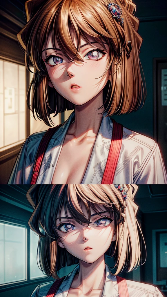 a detailed portrait of Haibara Ai, 1girl, beautiful detailed eyes, beautiful detailed lips, extremely detailed face, long eyelashes, beautiful young woman, serious expression, brown hair, lab coat, indoor setting, clean, elegant, cinematic lighting, award-winning digital art, highly detailed, photorealistic, 8k, best quality