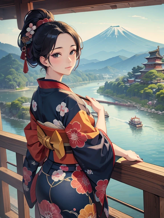 (Highest quality、masterpiece、High resolution、8K)、Colorful、Ukiyo-e、Utamaro、Looking back beauty、Taiko Bridge、river、Mount Fuji in the distance、Official Art、