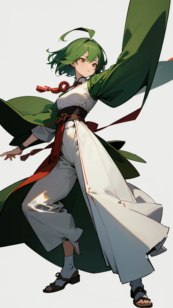 (Artwork, Highest quality, Facial details, Very redundant, Advanced Details, Highest quality, High resolution, 8K) frontを向いている、Green Hair、Her hair is short、small 、upright stance、full body、Fighter、Uniform、Chinese Knight、Chinese style、White background、Simple Background、 exposure、China dress、pants、band、front、White clothes、Kung Fu、slender