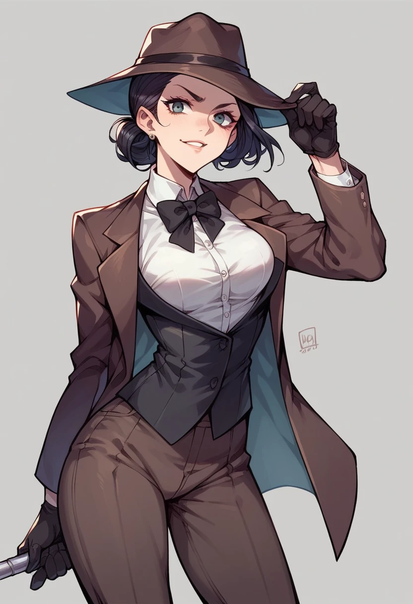 A short female detective in a suit