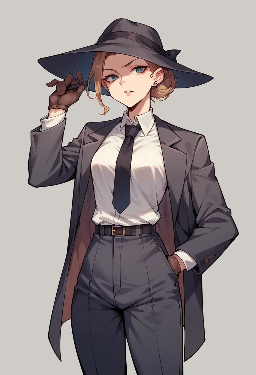 A short female detective in a suit