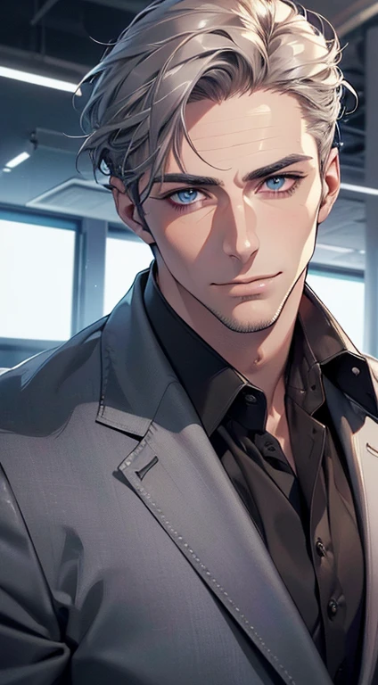 (best quality,4k,8k,highres,masterpiece:1.2),ultra-detailed,(realistic,photorealistic,photo-realistic:1.37),1 man,31 years old,mature man,very handsome,without expression,smile,short grey hair,blue eyes,penetrating gaze,perfect face without errors,imposing posture,businessman,office background,cinematic lighting,hdr image