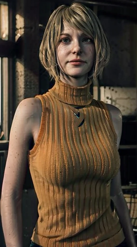 1girl, blurry, photo_\(medium\), realistic, short_hair, sleeveless, solo, looking_at_viewer, blonde_hair, shirt, bare_shoulders, jewelry, green_eyes, upper_body, parted_lips, necklace, sweater, lips, turtleneck, bob_cut, sleeveless_turtleneck, orange_shirt, Ashley, 3d, big tits