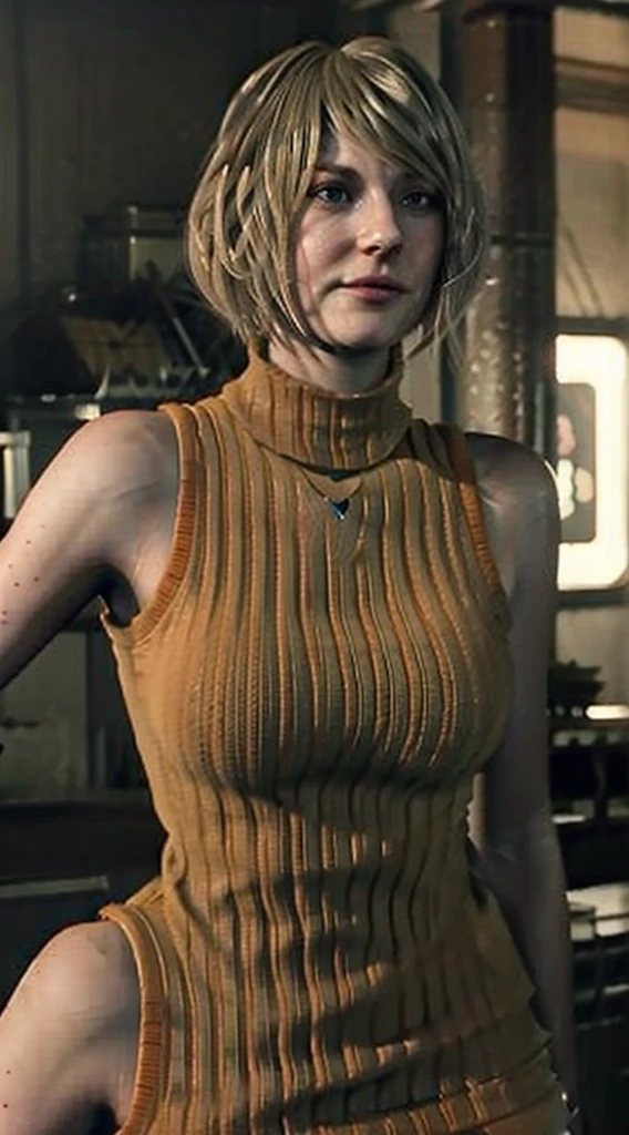 1girl, blurry, photo_\(medium\), realistic, short_hair, sleeveless, solo, looking_at_viewer, blonde_hair, shirt, bare_shoulders, jewelry, green_eyes, upper_body, parted_lips, necklace, sweater, lips, turtleneck, bob_cut, sleeveless_turtleneck, orange_shirt, Ashley, 3d, big tits