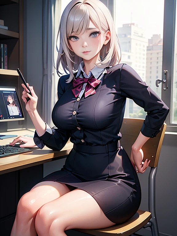 Woman sitting on chair in front of window,office, A charming office lady, detailed Digital anime art, Attractive anime girl, Anime Girl Portrait, Ilya Kuvshinov. 4k yen, Smooth anime CG art, Cute realistic portrait, Beautiful Anime Girls, Digital anime art, Gweiz-style artwork, Cute Anime Girl