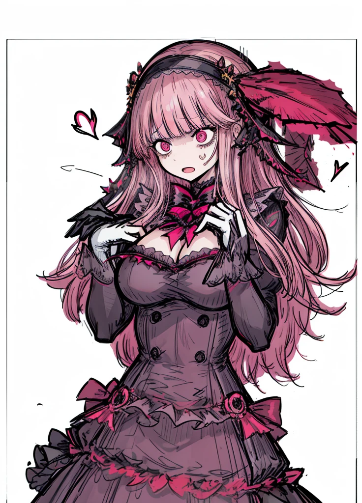1girl,straight short bangs,very long hair, opera dress, pink hair, pink eyes, gala gloves,
(high resolution, high detail, best quality), shy, fearful, large breast, beautiful,,open mouth trembling