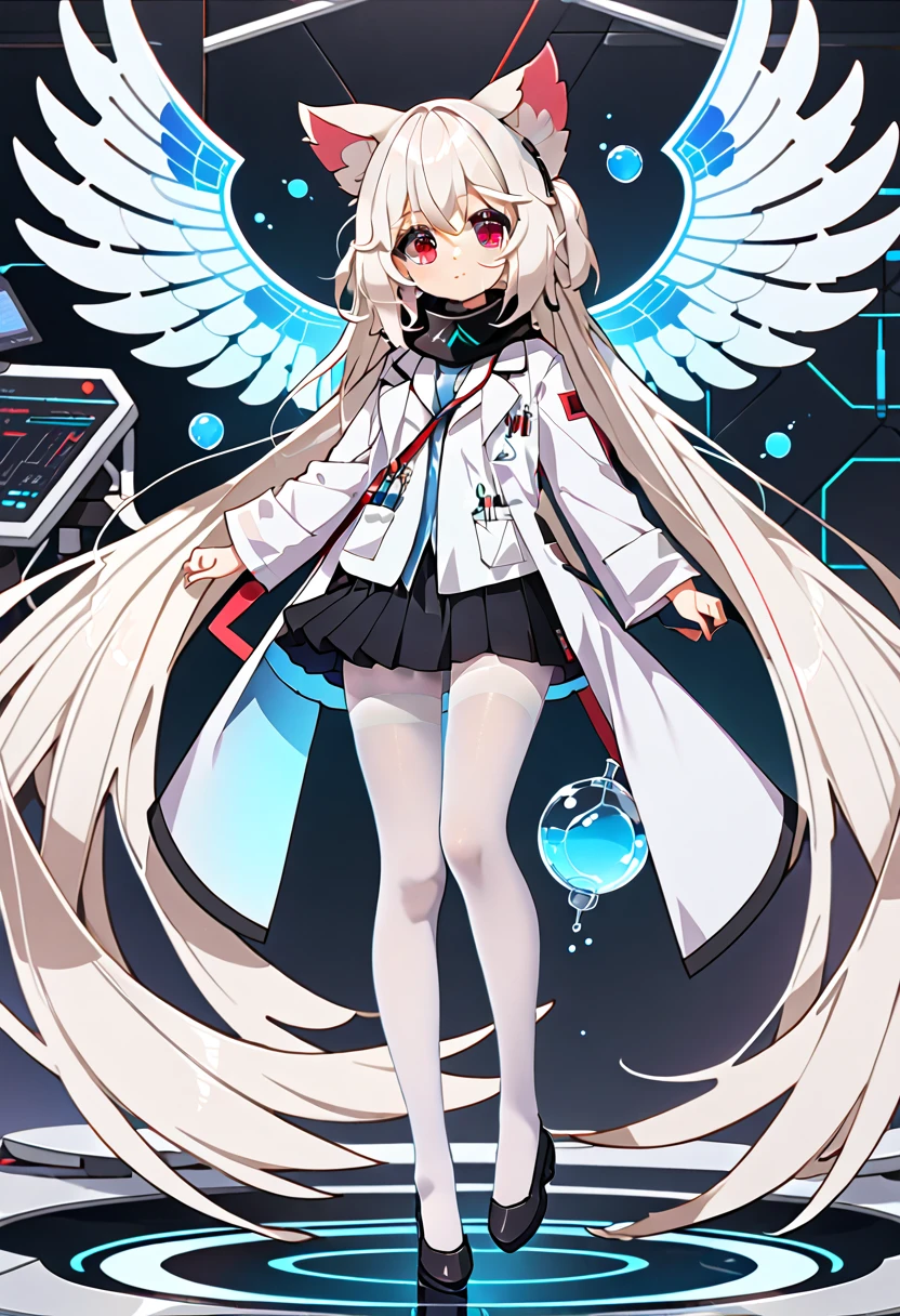 masterpiece, highest quality, highest resolution, clear_image, detailed details, White hair, long hair, cat ears, 1 girl, red eyes, white lab coat (with a black short skirt), white pantyhose, white scarf (around the neck), futuristic wings (6 wings), cute, full body, no water marks, laboratory, no extra limps, no extra bod
