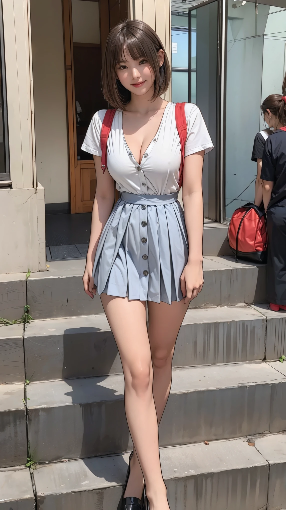 ((masterpiece)),(((Highest quality))),Thin thighs,Long legs,An 18-year-old woman standing on the steps of her school,Japan uniform:1.5,A white shirt with the ons open, revealing a white bra and accentuating her clea5,The best smile,Short blonde hair:1.5,short sideve,Carrying a black backpack,Wear black loafers,