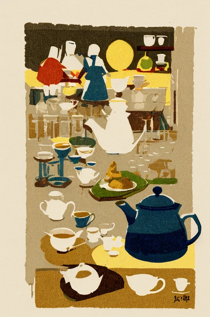 
Illustration: Simple, woodblock printing style, meticulous Chinese tea making equipment, teapot, tea cup, tea leaves, kettle, and measuring spoon. No artist's signature, no human being.