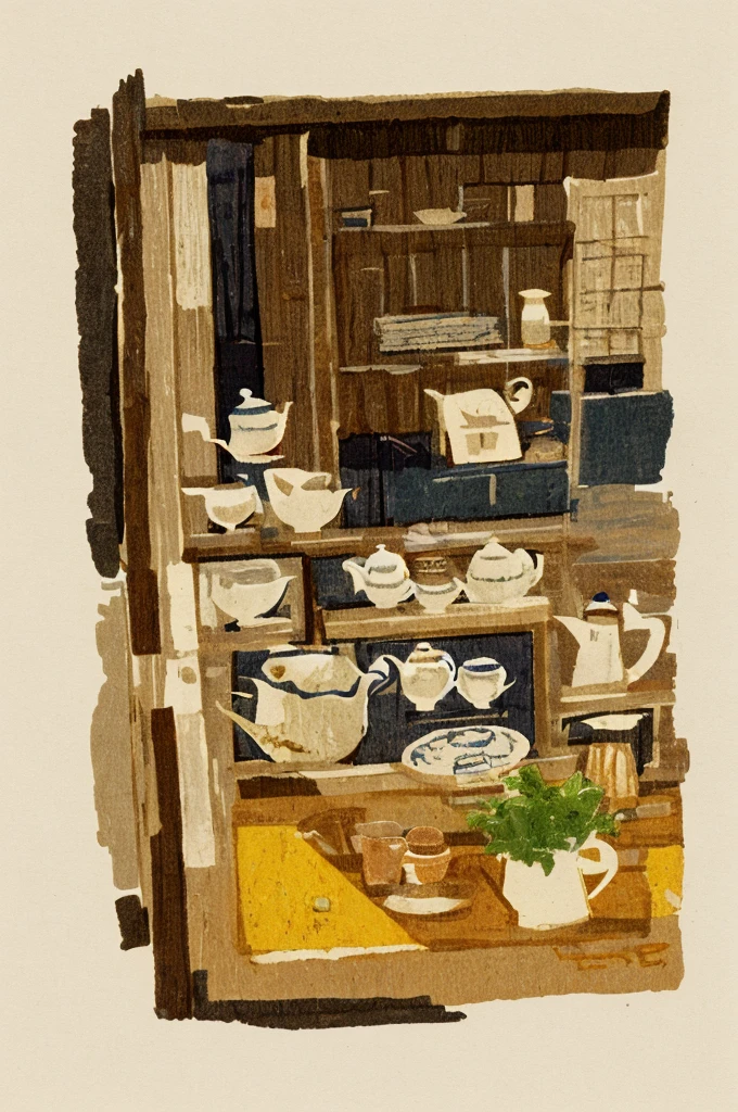 
Illustration: Simple, woodblock printing style, meticulous Chinese tea making equipment, teapot, tea cup, tea leaves, kettle, and measuring spoon. No artist's signature, no human being.