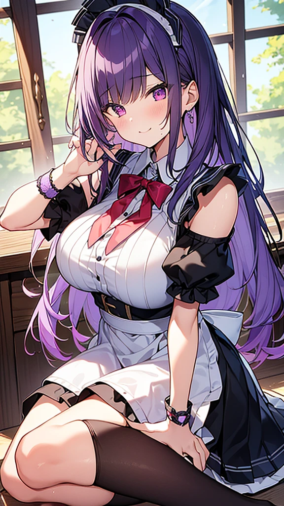 最high quality, high quality, Super detailed, 32k, Ultra-detailed details, 2 girls, With maid(only, pretty girl, beautiful purple hair, Beautiful purple eyes, Big Breasts, A light smile, Red eyes, Off-the-shoulder sleeveless Summer clothes, Summer casual maid clothes, Short skirt, Blue and white color striped underwear, Black knee socks, My crotch is wet with love juice, 18-year-old,cute), with my sister(Cute face, Chest is medium, , Junior high school uniform), {{Witness the maid peeling off the skin of her sister's face and replacing it with her own}}, NSFW