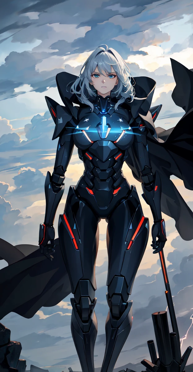 A colossal robot standing in the midst of a violent thunderstorm. The robot has a powerful and intimidating presence with a sleek, armored body in shades of dark blue and red. Its eyes are glowing brightly, and a radiant energy core is visible on its chest. Lightning bolts are striking around and onto the robot, illuminating the scene with intense, dramatic light. The robot’s cape is tattered and flutters in the fierce wind. The background is filled with dark, stormy clouds, with occasional bursts of lightning cutting through the sky. The overall atmosphere is intense and electrifying, conveying a sense of epic power and dominance.
