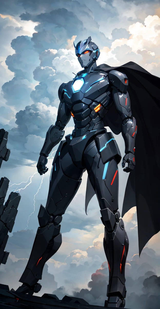 A colossal robot standing in the midst of a violent thunderstorm. The robot has a powerful and intimidating presence with a sleek, armored body in shades of dark blue and red. Its eyes are glowing brightly, and a radiant energy core is visible on its chest. Lightning bolts are striking around and onto the robot, illuminating the scene with intense, dramatic light. The robot’s cape is tattered and flutters in the fierce wind. The background is filled with dark, stormy clouds, with occasional bursts of lightning cutting through the sky. The overall atmosphere is intense and electrifying, conveying a sense of epic power and dominance.