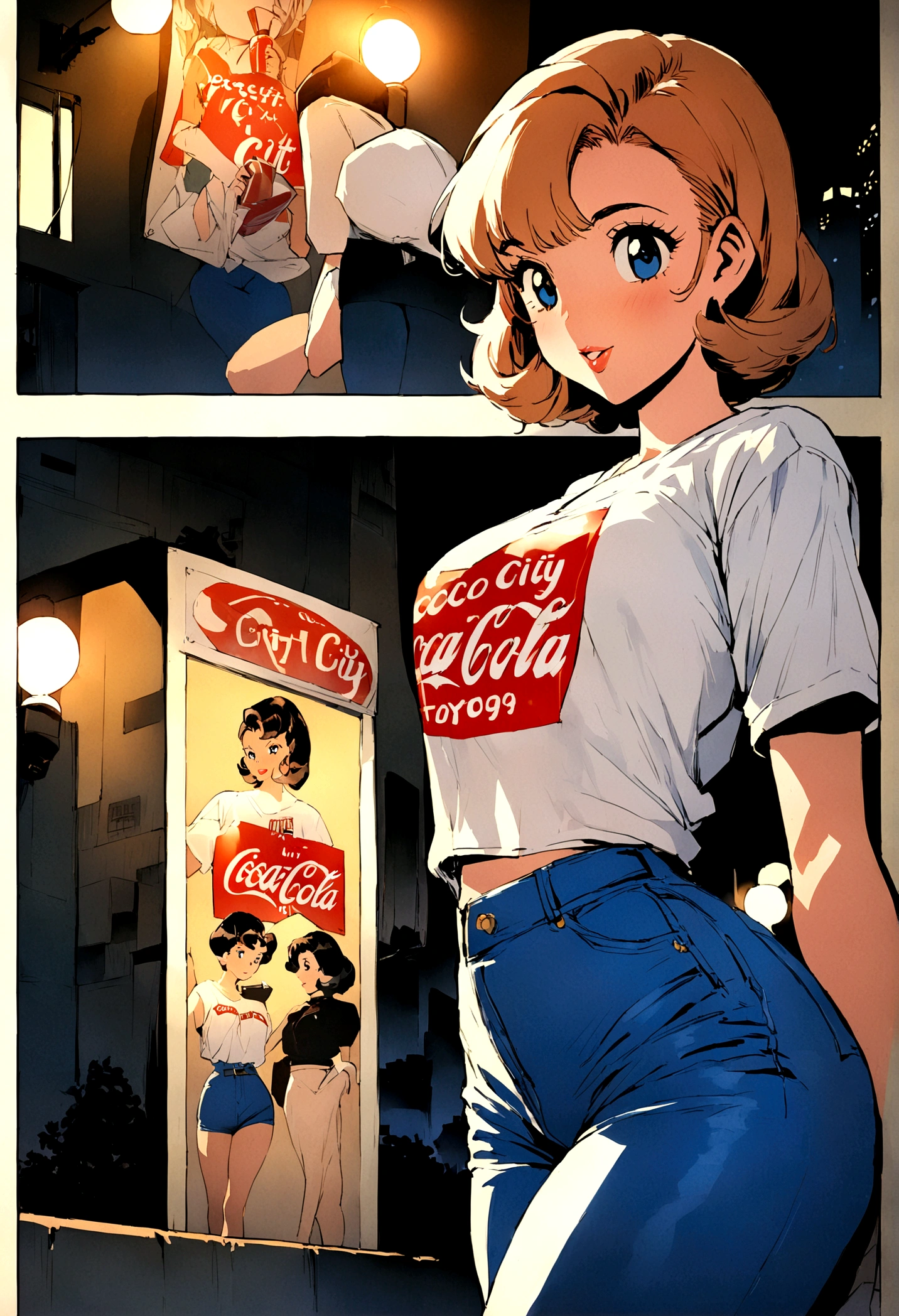 (vintage),(Retro),(Cartel), coca cola advertising with perfect girl, clothing oversized blue jeans and white t-shirt with open waist(sexy), military environment, Masterpiece, comics (tokyo city) (1990) night atmosphere, with city lighting
