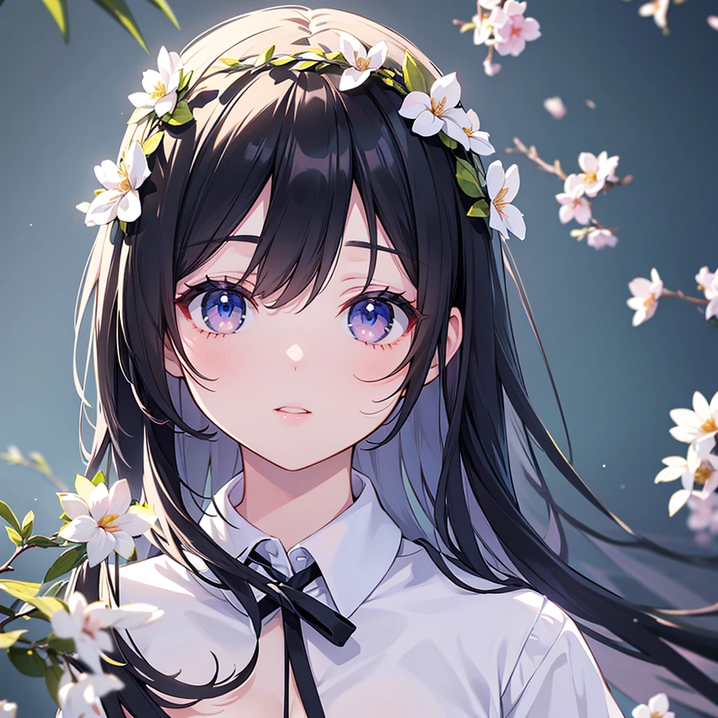  anime girl, realistic shadows, detailed skin, very small breasts, black hair, very detailed, 8k highly detailed face, perfect face shape, full perfect lips, perfect nose, correct beautiful eyes, watching viewer, white shirt, hair flowers, masterpiece, best quality, single girl, no bra, no panty, solo