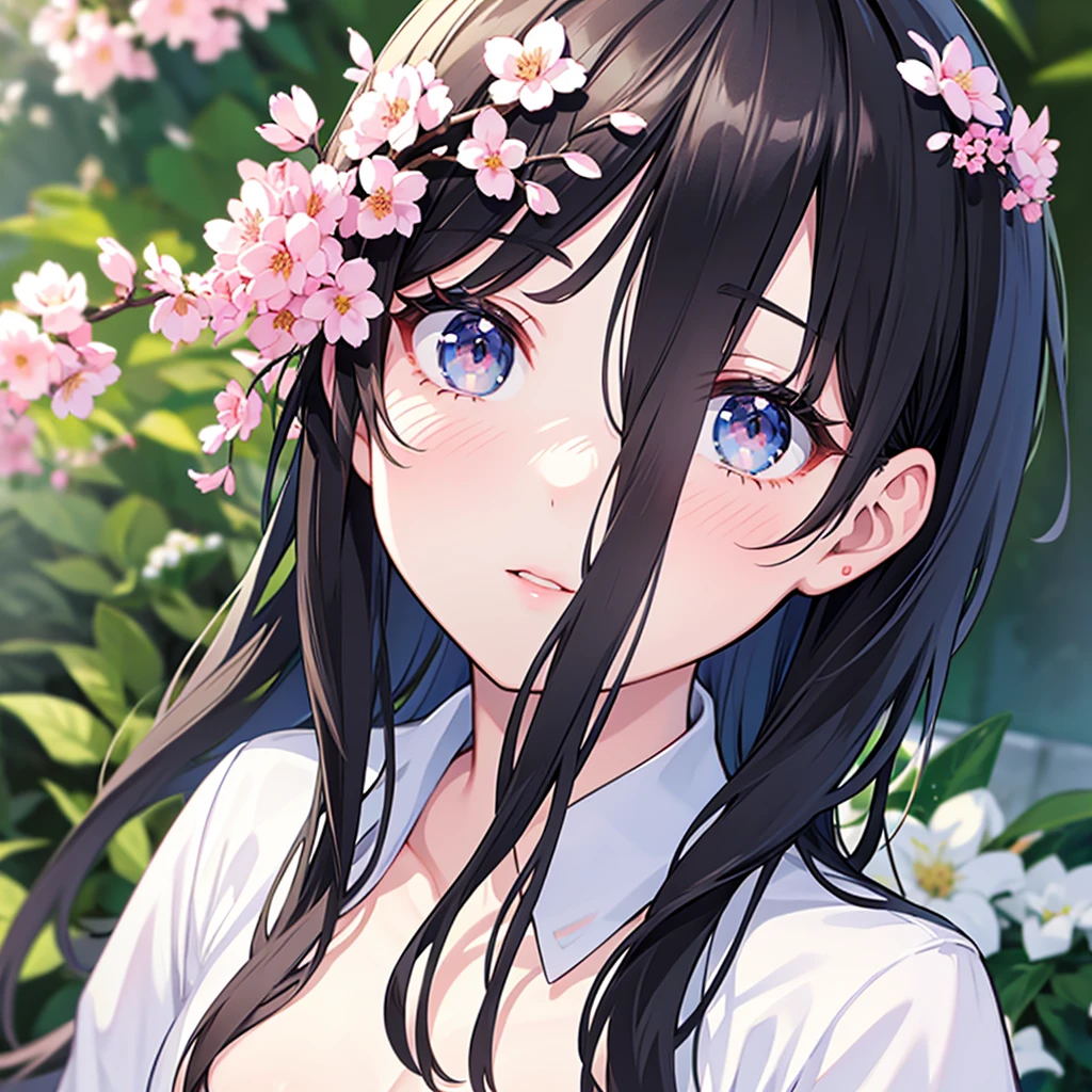  anime girl, realistic shadows, detailed skin, very small breasts, black hair, very detailed, 8k highly detailed face, perfect face shape, full perfect lips, perfect nose, correct beautiful eyes, watching viewer, white shirt, hair flowers, masterpiece, best quality, single girl, no bra, no panty, solo