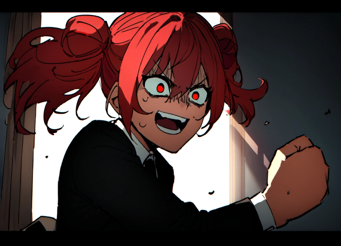 Red hair、Black suit、punch、Scary smile、office、Daytime、punching,Front facing