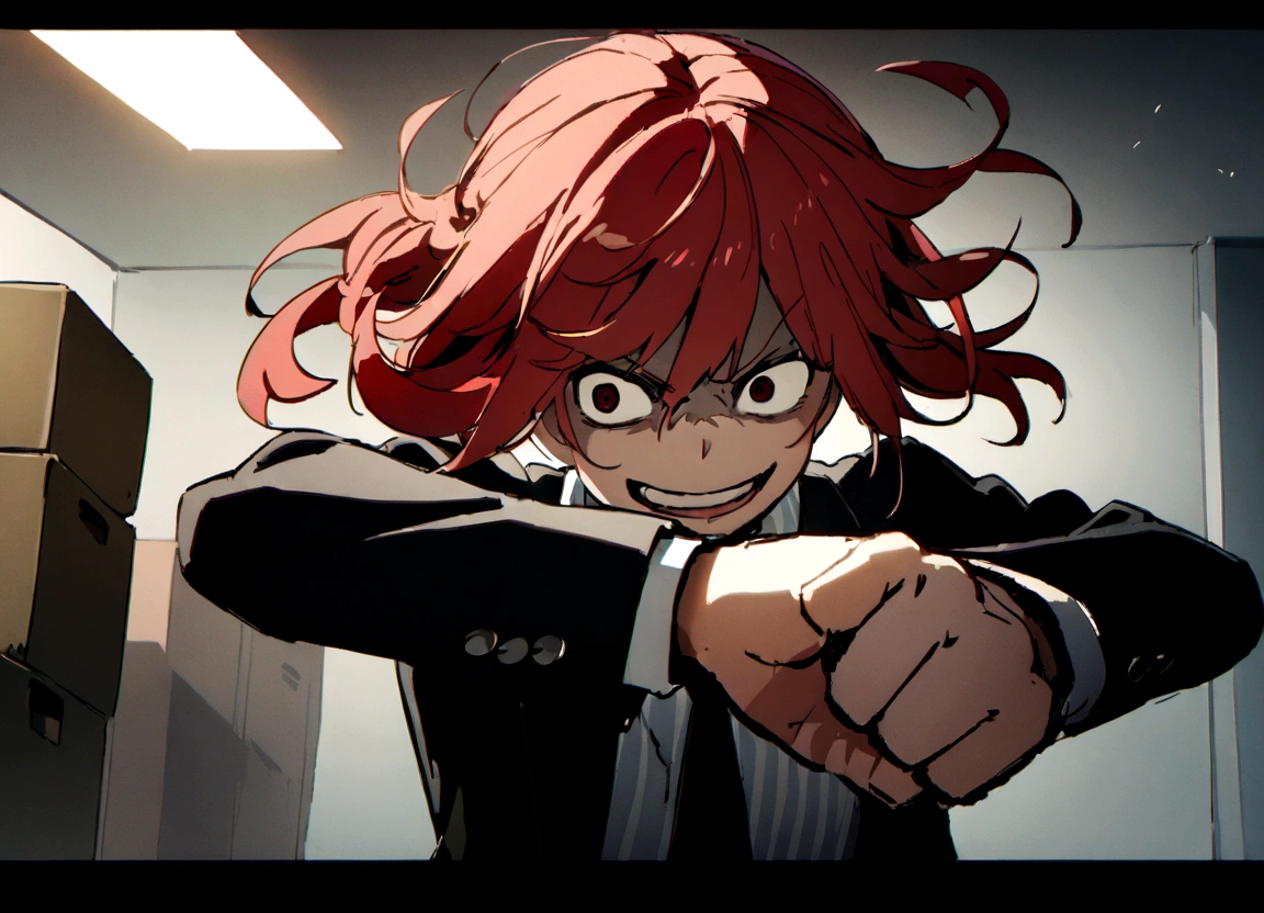Red hair、Black suit、punch、Scary smile、office、Daytime、punching,Front facing