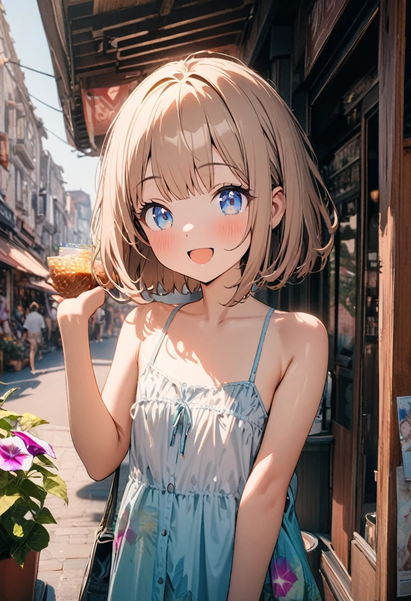 1 girl, 18yo, (flat chest: 1.5), blue eyes, light brown hair, bob cut, summer outfit, smile, open mouth, many potted morning glories, colorful morning glory flowers, upper body, shopping street, bule sky, 8k, RAW photo, best quality, masterpiece, extremely detailed 8k wallpaper, ultra-detailed, best shadow, detailed background, beautiful detailed face, beautiful detailed eyes, nice hands, perfect hands