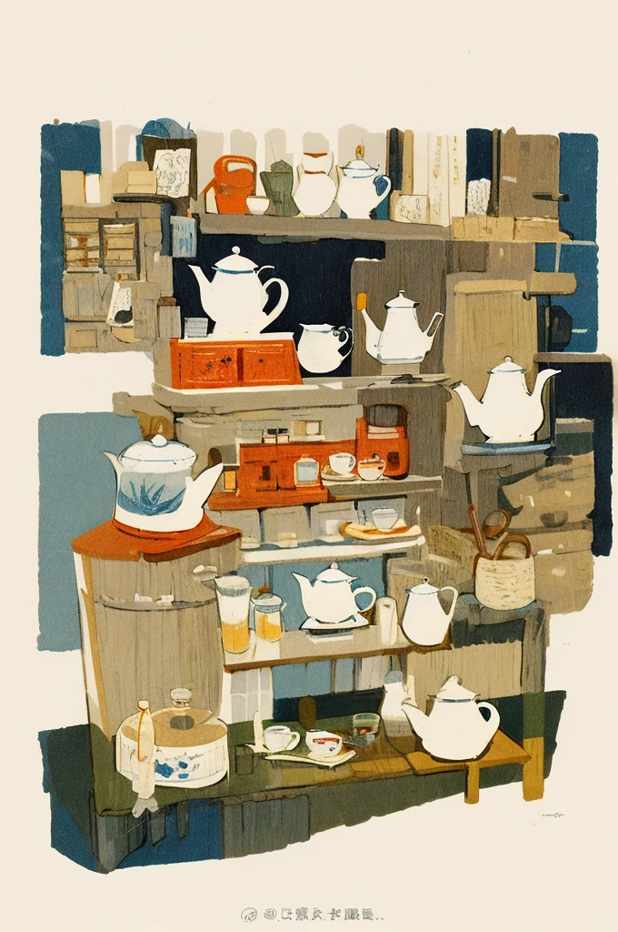 
Illustration: Simple, woodblock printing style, meticulous Chinese tea making equipment, teapot, tea cup, tea leaves, kettle, and measuring spoon. No artist's signature, no human being.