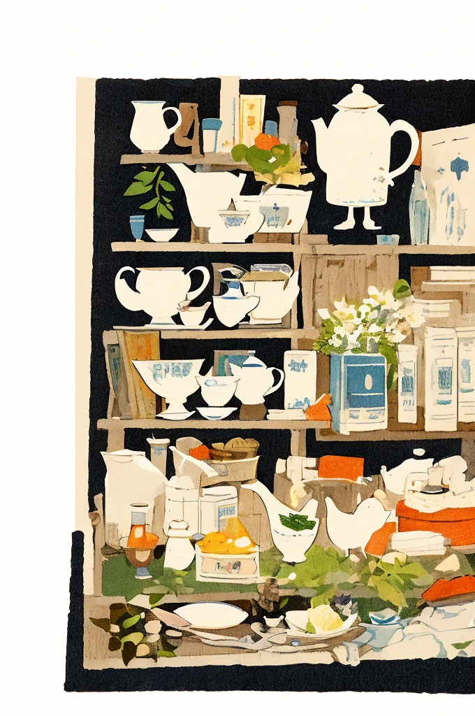 
Illustration: Simple, woodblock printing style, meticulous Chinese tea making equipment, teapot, tea cup, tea leaves, kettle, and measuring spoon. No artist's signature, no human being.