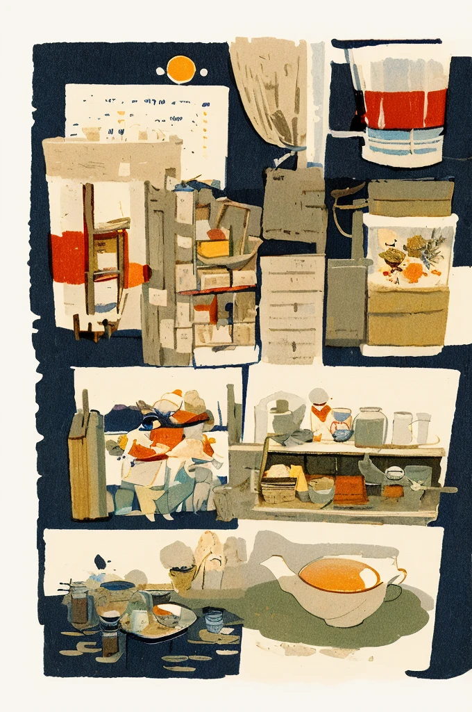 Illustration: Simple, woodblock printing style, meticulous Chinese tea making equipment, teapot, tea cup, tea leaves, kettle, and measuring spoon. No artist's signature, no human being.