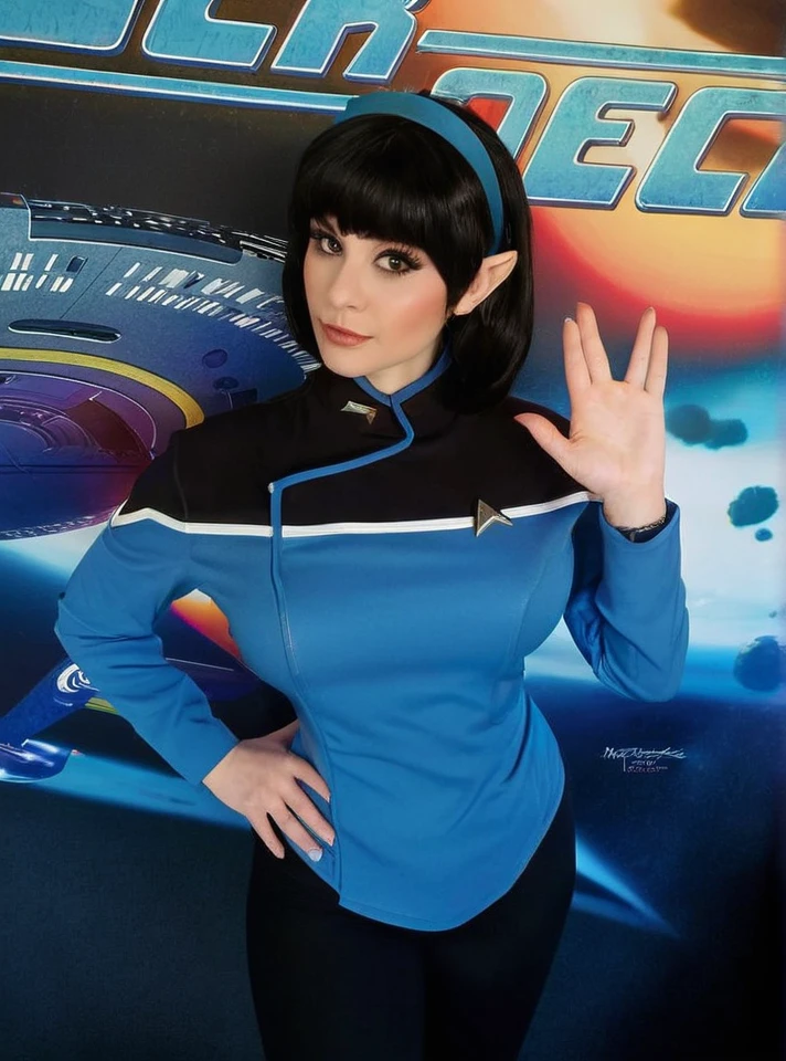 hyperrealistic beautiful busty 18-year-old women with long legs wearing fututistic 2500s startrek latex cosplay outfit with miniskirt, model shooting full body photography, natural blonde classic bun, dark eye makeup with eyeliner, seductive smile, small necklace, 8K, Best quality, Meisterwerk, ultra high resolution, (Realismus: 1.4), Originalfoto, (realistische Hautstruktur: 1.3), (Filmkorn: 1.3), (Selfie-Winkel), 1 girl, Beautiful round hazel eyes and facial details, Meisterwerk, Best quality, at a starship movie set