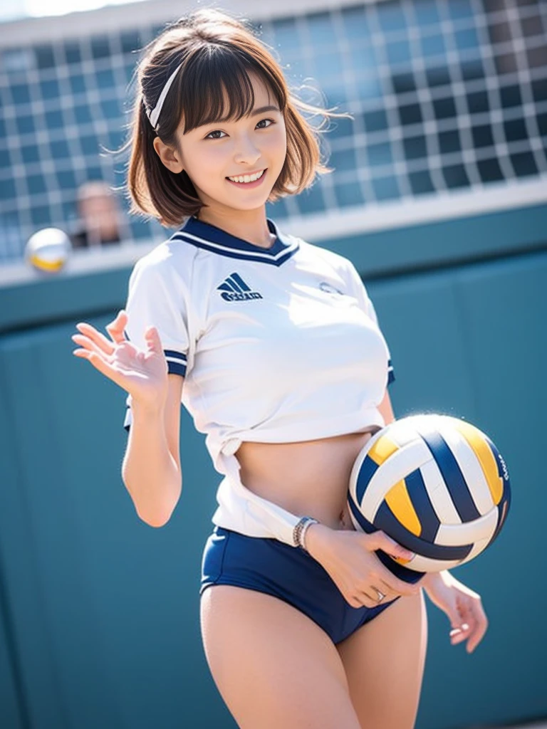 Glossy thighs、(8K、top-quality、masterpiece:1.2)、(realisitic、Photorealsitic:1.37)、ultra-detailliert、top-quality、超A high resolution、professionally lit、Photon mapping、Radio City、physically-based renderingt、Cinematic lighting、depth of fields,Focusing,Sun'rays,Good composition,,(((1 girl ))),Double eyes、(((white Volleyball uniform 、Dark blue high-leg low-rise bloomers)))、Gymnasium、A big smile、Gymnasium Court, (Tween model, 12 year oldg)), Ethereal beautiful, slim, very beautiful short hair,Colossal tits、 Toned abs, short cut hair、Soft light, ((David Hamilton Style)),