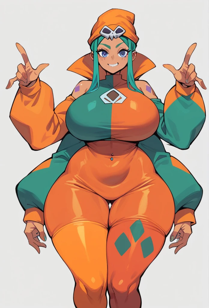 cerebella, huge tits,full dress with short, large wide neckline, Wide hips , big thighs, long orange tights,(limit orange stockings on the thighs), orange hat, 4 arms ,