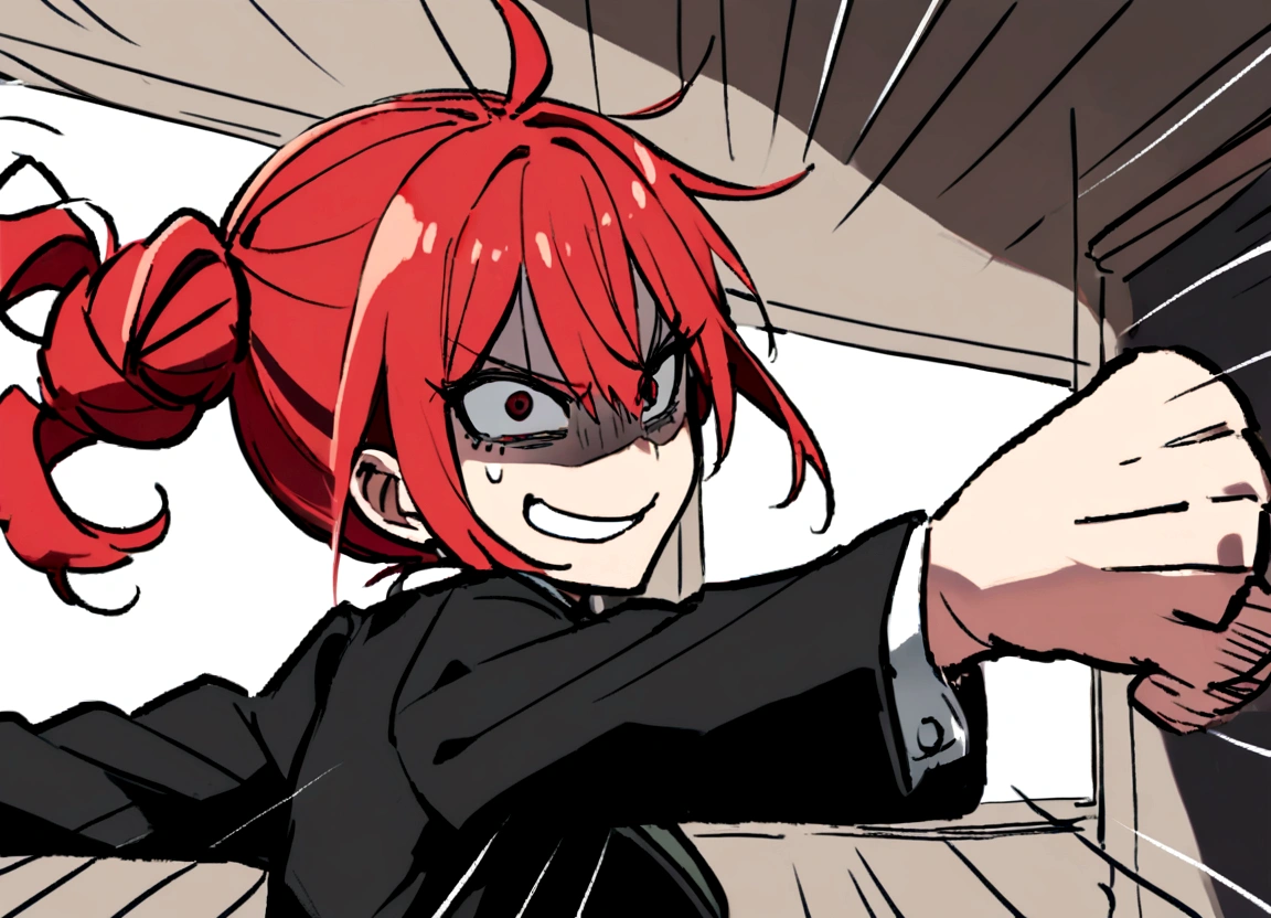 Red hair、Black suit、punch、Scary smile、office、Daytime、punching,Front facing