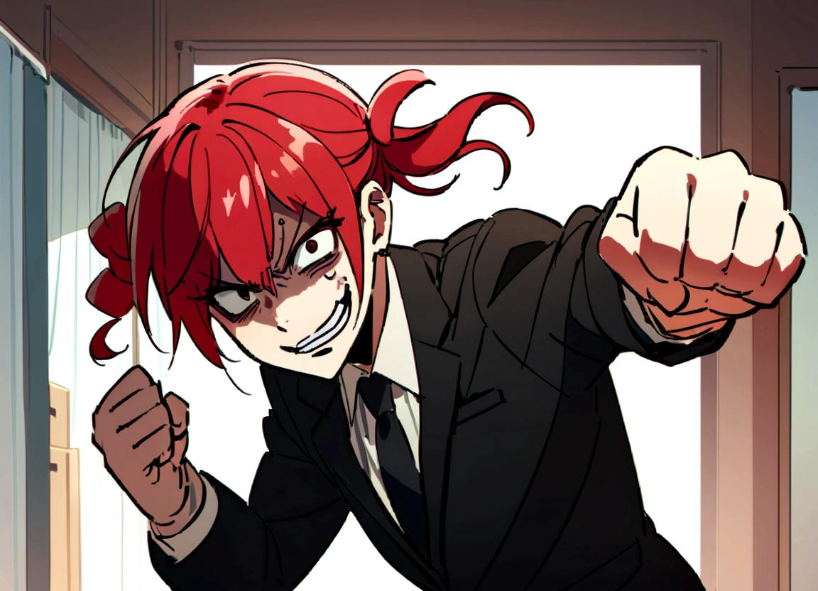 Red hair、Black suit、punch、Scary smile、office、Daytime、punching,Front facing