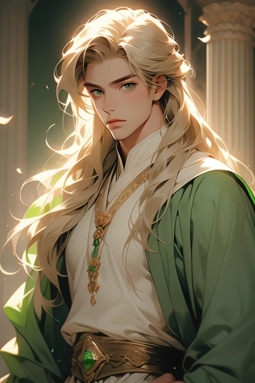 handsome masculine man, green eyes, ash blond hair, shoulder length long hair, green medieval noble clothes, light skin