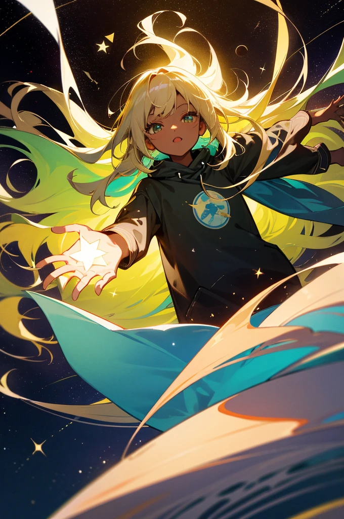 hight resolution, top-quality, ultra-quality, The ultra-detailliert, lighting like a movie、Beautiful expression ,open arms,Brown skin、Black skin、Black skin、a blond、blonde hair long hair、green inner hair,Lots of hair 、Floating in the air、girl floating with magic、in the darkness of space、Long T-shirt、parka、The tattoo、In the detailed and realistic real world、The sparkle of stars swirls