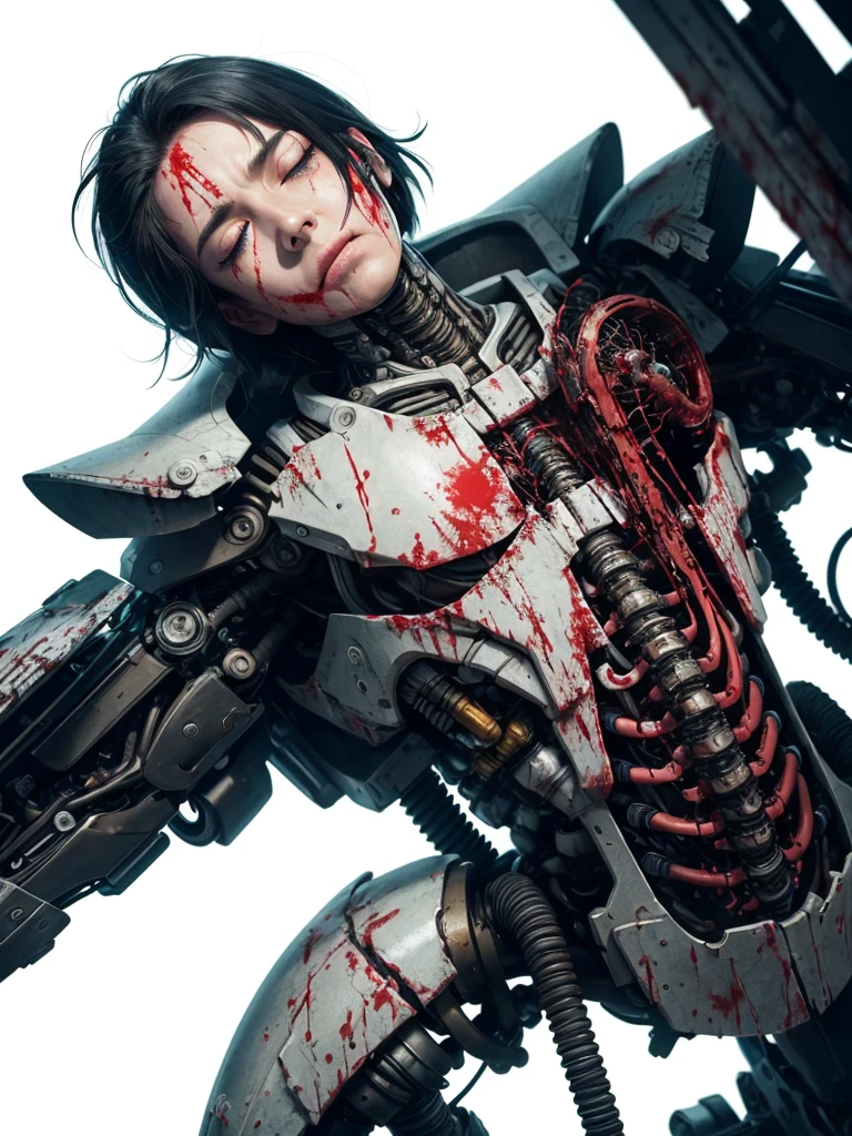 android opens his eyes,Extremely detailed, Colorful, more detailed,soil,Full body,Machine-made joints,Mechanical limbs,Blood vessels connected to tubes,Mechanical vertebrae attached to the back,Mechanical cervical vertebrae attached to neck,Lying down,deadpan,Character Focus,Science fiction, White background,Cyberpunk,Ghost in the Shell,Battle Angel (Blood: 1.5)