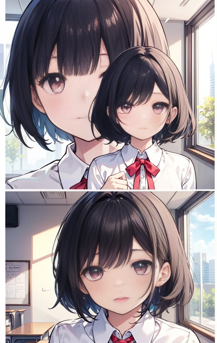 (Pieces fly, Highest quality, High resolution, Ticker, Pixel perfect, Depth of written border, In 4K), 
1 Girl, alone, , Beautiful Anime Girls, 
View your viewers, 
Perfect body,  

short hair, Black Hair, Pink Eyes, 

smile,  Open your mouth, blush, 

JK Huge , White shirt, big , Blue Ribbon, 
classroom, 

throw, Close-up shot, 