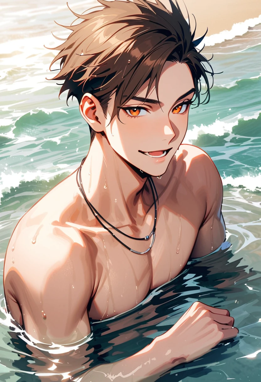 A young man, 21-years-old, solo, Caucasian, mature face, wild spiky undercut brown hair, orange eyes, daring smile, mouth open, no shirt, shirtless, red swimming trunks, thin silver necklace, beach, partially submerged in water, wet
