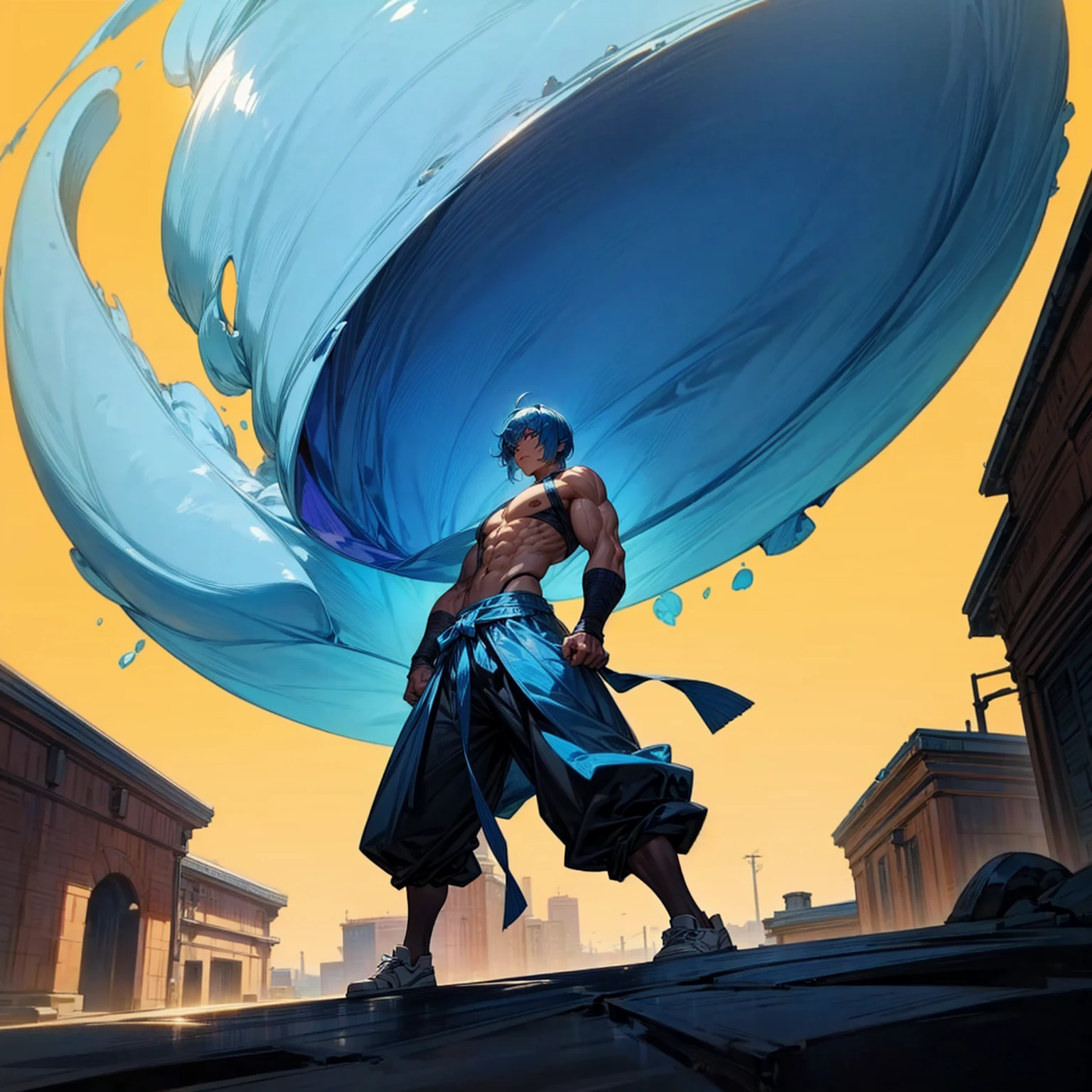 Blue hair, shortcut hairstyle, largest muscle, morning background