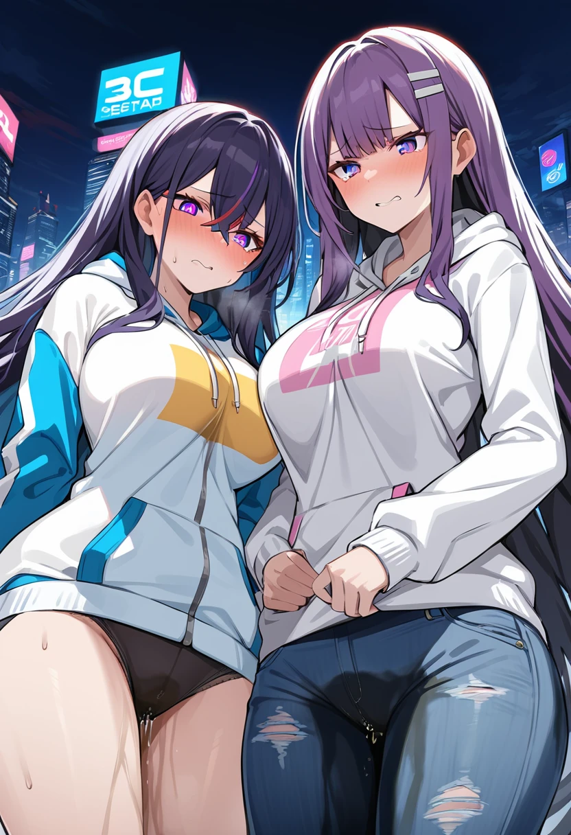 (masterpiece:1.37), best quality, (extremely detailed:1.37), woman, adult, mature, large breasts, (very long hair:1.5), dark purple hair, purple eyes, (extremely detailed eyes:1.37), white hoodie, multicolored hoodie, light blue hoodie, futuristic hoodie, jeans, (desperation:2.0), (wetting: self 3.0), standing, embarrassed, humiliation, blushing, angry, city, futuristic, neon lighting, high-tech