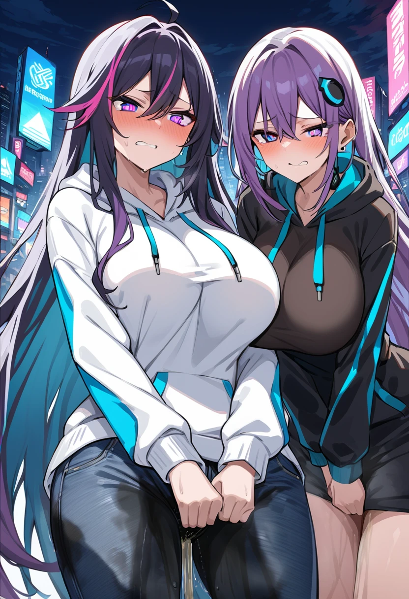 (masterpiece:1.37), best quality, (extremely detailed:1.37), woman, adult, mature, large breasts, (very long hair:1.5), dark purple hair, purple eyes, (extremely detailed eyes:1.37), white hoodie, multicolored hoodie, light blue hoodie, futuristic hoodie, jeans, (desperation:2.0), (wetting: self 3.0), standing, embarrassed, humiliation, blushing, angry, city, futuristic, neon lighting, high-tech