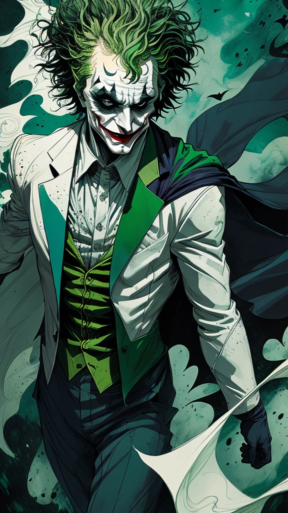 Half joker and half Batman walking in style, close up, ethereal wind armor, in the style of mdrnkz3